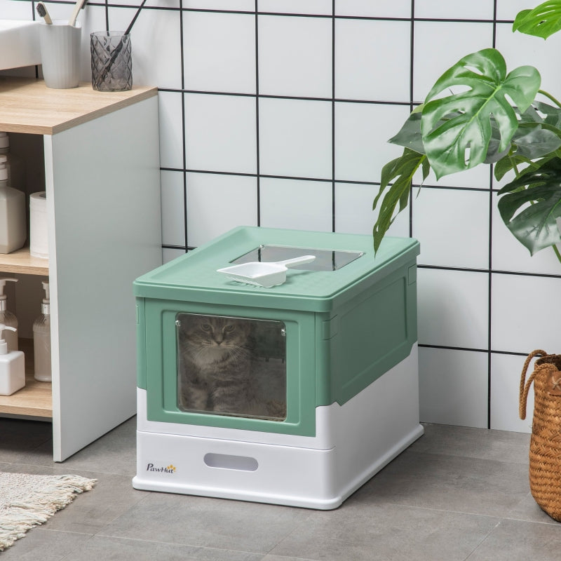 PawHut Hooded Cat Litter Box Scoop Included, Litter Tray with Front Entry Top Exit, Portable Pet Toilet with Large Space, 47.5 x 35.5 x 36.7 cm Green