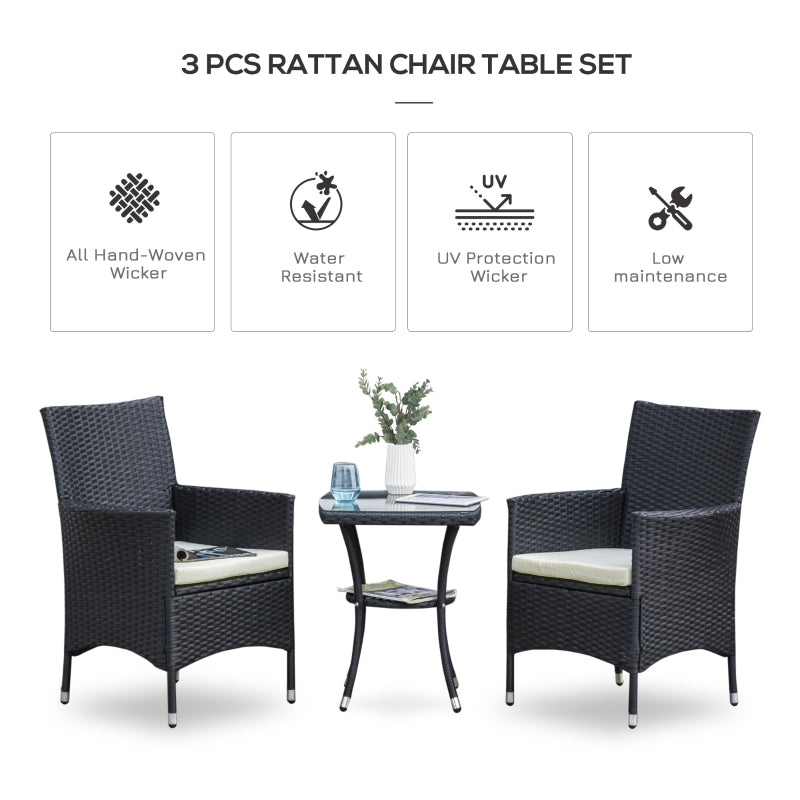 Outsunny Garden Outdoor Rattan Furniture Bistro Set 3 PCs Patio Weave Companion Chair Table Set Conservatory (Black)