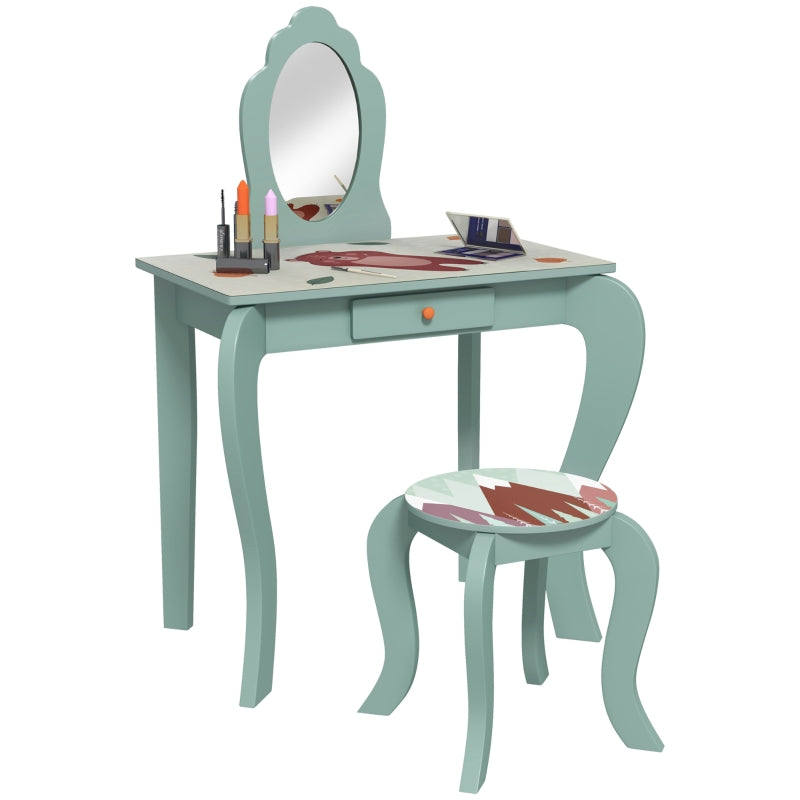 ZONEKIZ Kids Dressing Table with Mirror and Stool, Girls Vanity Table Makeup Desk with Drawer, Cute Animal Design, for 3-6 Years - Green