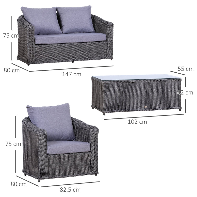 Outsunny Rattan Garden Furniture Set 4-seater Sofa Set Coffee Table Single Chair Bench Aluminium Frame Fully-assembly, Grey