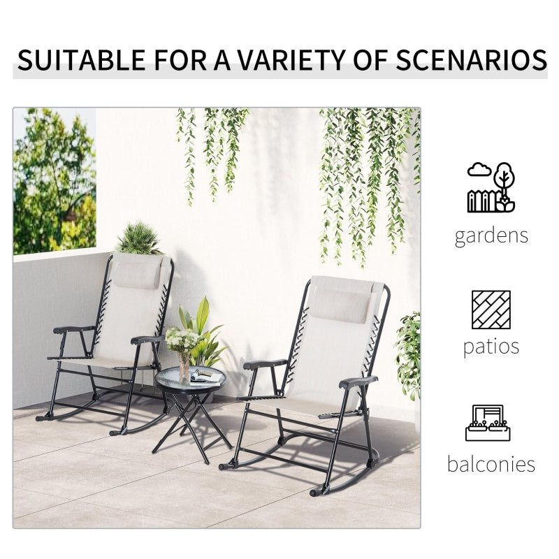 Outsunny 3 Piece Outdoor Rocking Set with 2 Folding Chairs and 1 Tempered Glass Table, Patio Bistro Set for Garden, Deck, Beige