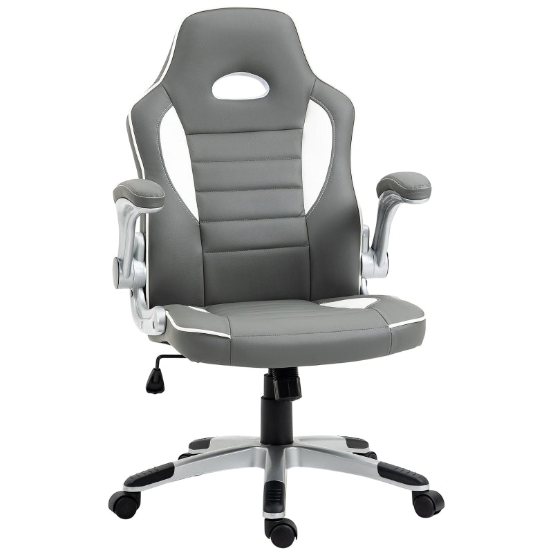 HOMCOM Racing Gaming Chair, PU Leather Computer Desk Chair, Height Adjustable Swivel Chair With Tilt Function and Flip Up Armrests, Grey