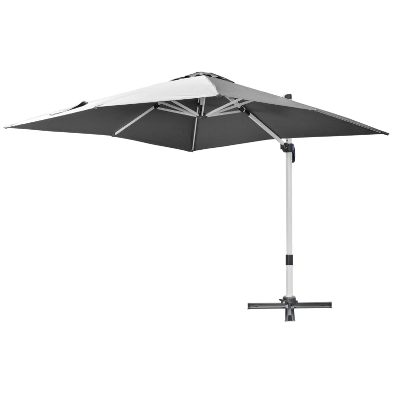 Outsunny 3 x 3(m) Cantilever Parasol, Square Garden Umbrella with Cross Base, Crank Handle, Tilt, 360° Rotation and Aluminium Frame, Grey