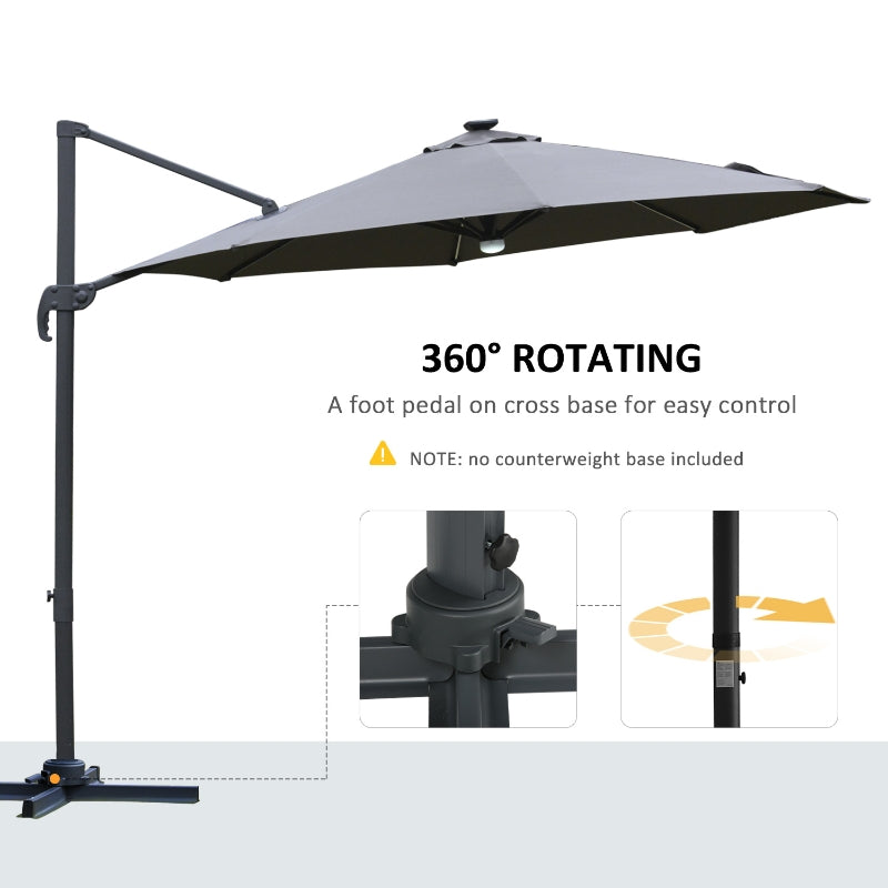 Outsunny 3(m) Cantilever Roma Parasol Garden Sun Umbrella Outdoor Patio with LED Solar Light Cross Base 360° Rotating, Grey