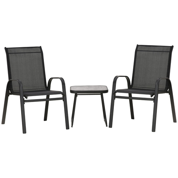 Outsunny 3 Pieces Outdoot Bistro Set, Patio Stackable Armchairs with Breathable Mesh Fabric and PSC Board Coffee Table, Black