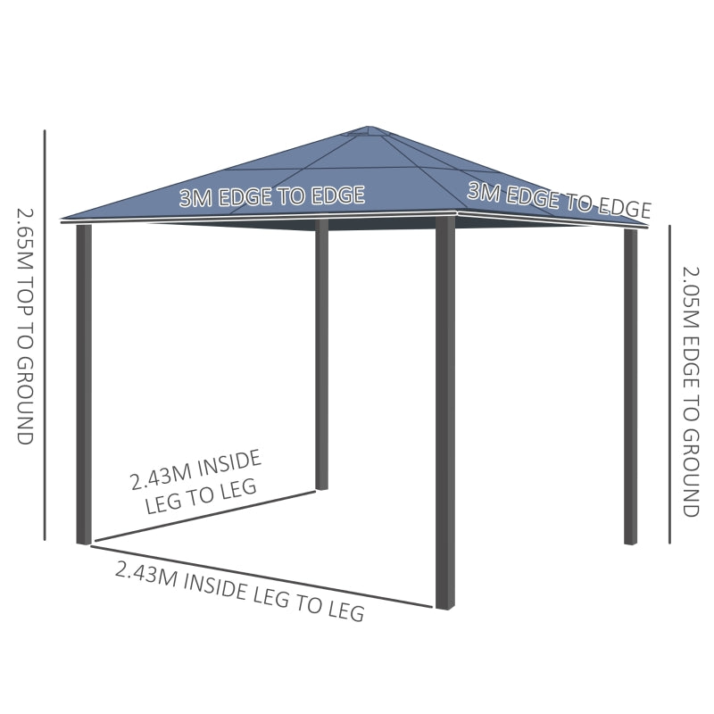 Outsunny 3 x 3(m) Hardtop Gazebo with UV Resistant Polycarbonate Roof & Aluminium Frame, Garden Pavilion with Mosquito Netting and Curtains