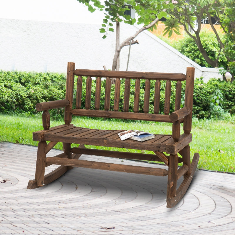 Outsunny Garden 2-Seater Rocking Bench Wood Frame Rough-Cut Log Loveseat Slatted High Back Rustic Style with Armrests - Dark Stain Brown