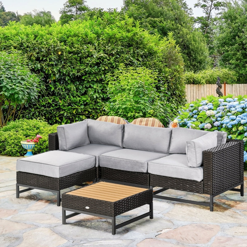 Outsunny 5 Pieces Outdoor PE Rattan Corner Sofa, Patio Wicker Woven Rattan Garden Furniture w/ Thick Padded Cushions, Wood Grain Plastic Top Table