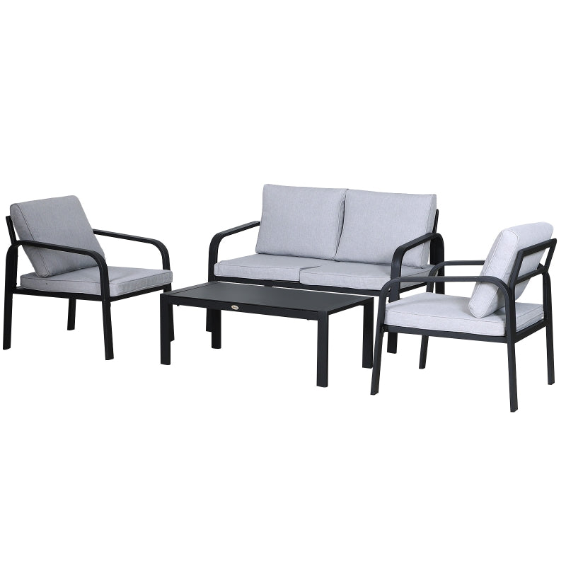 Outsunny 4 Pcs Aluminium Frame Garden Dining Set w/ 2 Chairs Sofa Glass Top Table Foam Cushions Sleek Contemporary Tough Durable Grey Black