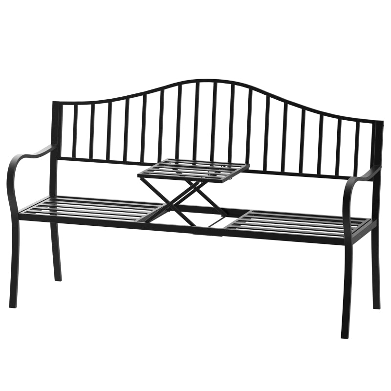 Outsunny Outdoor Metal Frame Bench Patio Park Garden Seating Chair with Foldable Middle Table