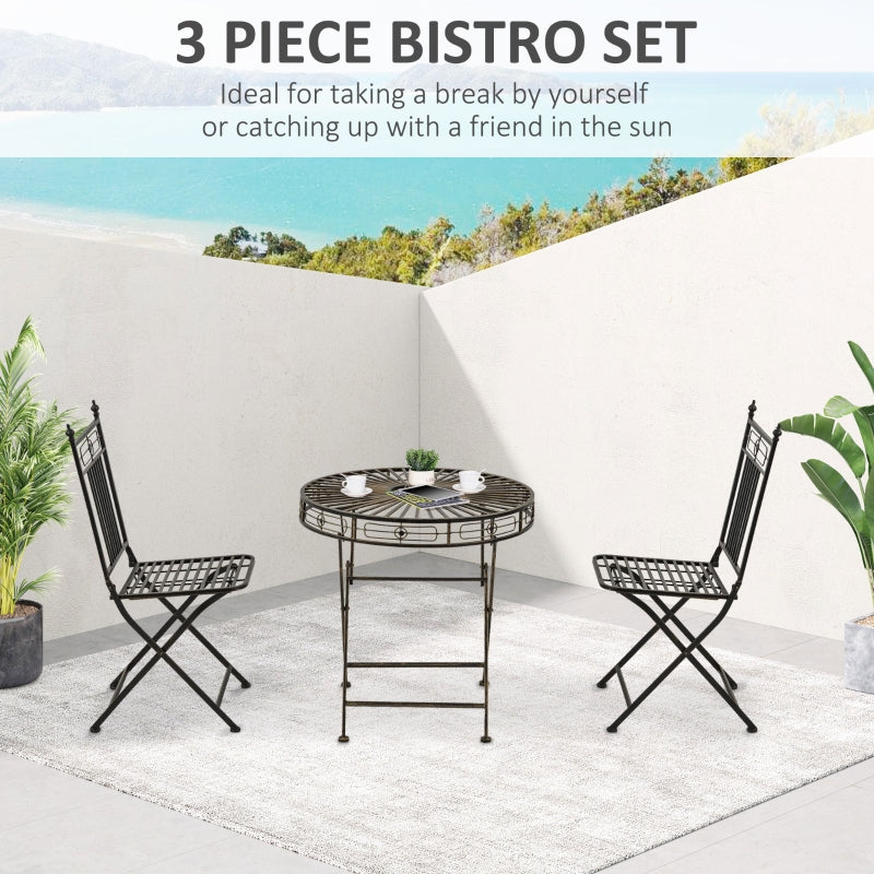 Outsunny 3 Piece Garden Outdoor Bistro Set with 2 Folding Chairs and 1 Folding Round Table, Metal Frame for Lawn, Backyard and Porch, Bronze