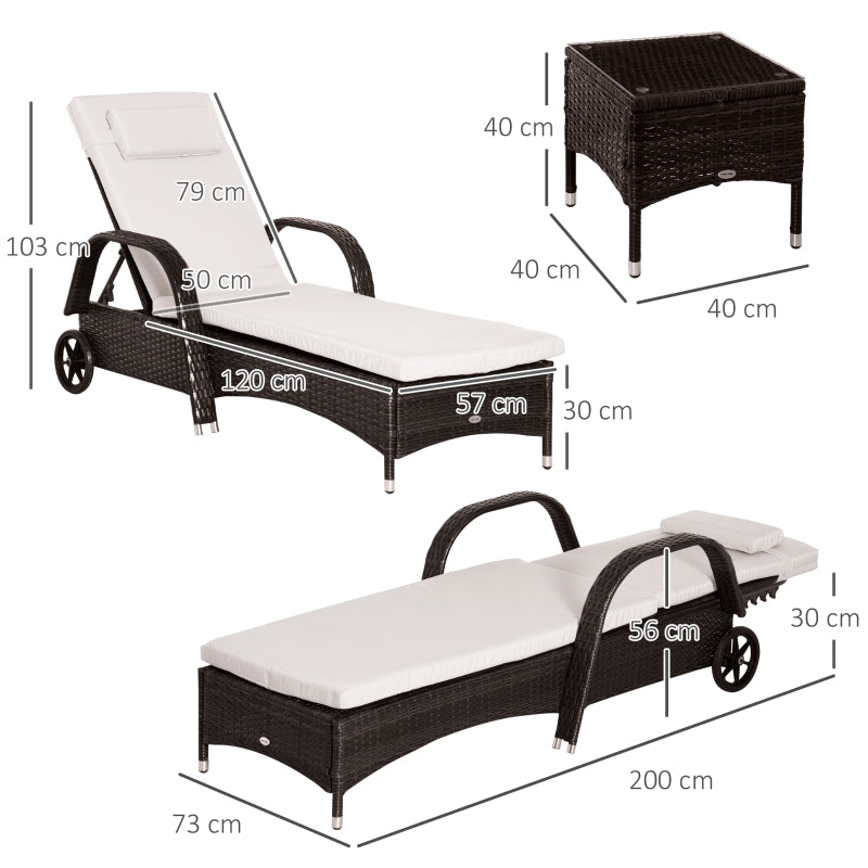 Outsunny 3 Pieces Patio Lounge Chair Set, Garden Wicker Wheeling Recliner Outdoor Daybed, PE Rattan Lounge Chairs w/Cushions & Side Coffee Table Brown