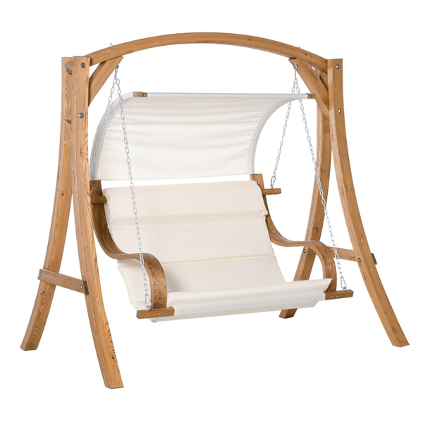 Outsunny Wooden Porch Swing Chair A-Frame Wood Log Swing Bench Chair With Canopy and Cushion for Patio Garden Yard