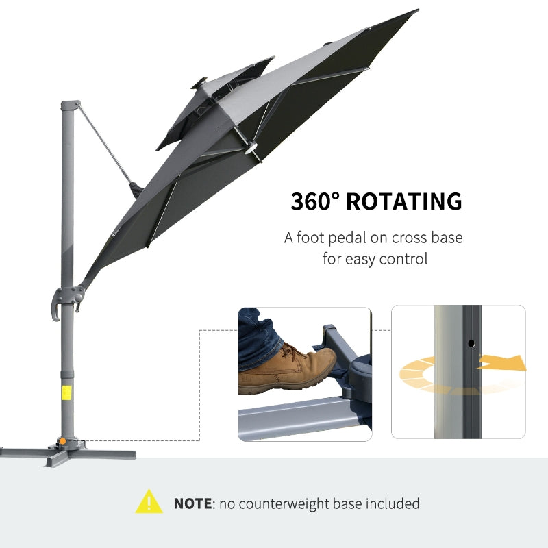 Outsunny 3m Cantilever Parasol w/ Solar Lights Power Bank Cross Base Adjustable Canopy 360° Spin Outdoor Garden Umbrella 2-Tier Roof Sun Shade Grey