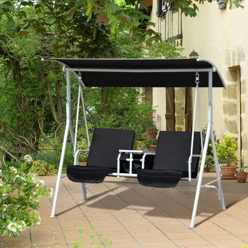 Outsunny 2 Seater Garden Swing Chair Patio Rocking Bench w/ Tilting Canopy, Double Padded Seats, Storage Bag and Tray, Black