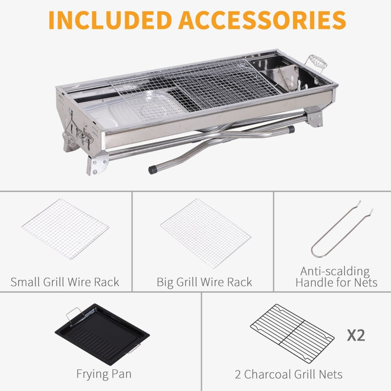 Outsunny Charcoal BBQ Stainless Steel Portable Foldable Barbecue Charcoal Grill Outdoor Cooker for Camp Party Picnic