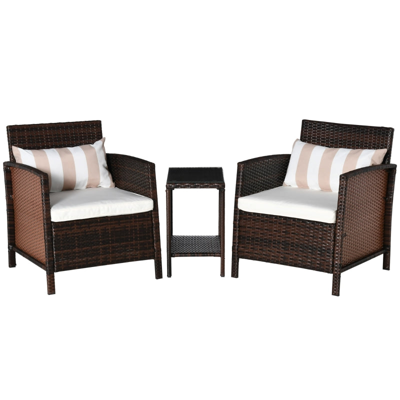 Outsunny Rattan Garden Furniture 3 Pieces Patio Bistro Set Wicker Weave Conservatory Sofa Chair & Table Set with Cushion Pillow - Brown