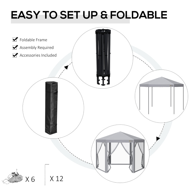 Outsunny 3 x 3(m) Pop Up Gazebo Hexagonal Foldable Canopy Tent Outdoor Event Shelter with Mesh Sidewall, Adjustable Height and Roller Bag, Grey