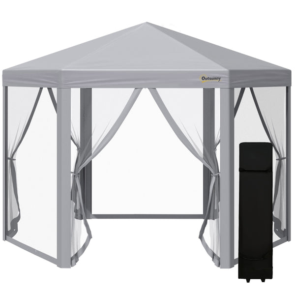 Outsunny 3 x 3(m) Pop Up Gazebo Hexagonal Foldable Canopy Tent Outdoor Event Shelter with Mesh Sidewall, Adjustable Height and Roller Bag, Grey