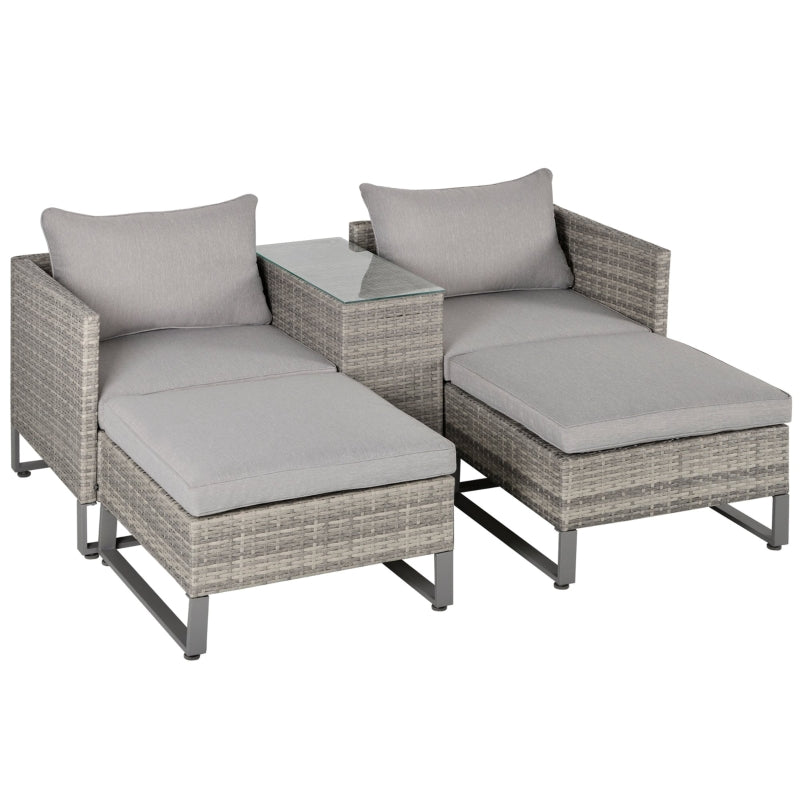 Outsunny 2 Seater Patio Rattan Wicker Sofa Set Chaise Lounge Double Sofa Bed Furniture w/ Coffee Table & Footstool for Patios, Garden, Backyard, Grey