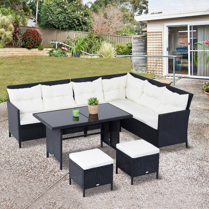 Outsunny 8-Seater Garden Rattan Furniture Rattan Corner Dining Set Outdoor Wicker Conservatory Furniture Lawn Patio Coffee Table Foot Stool, Black