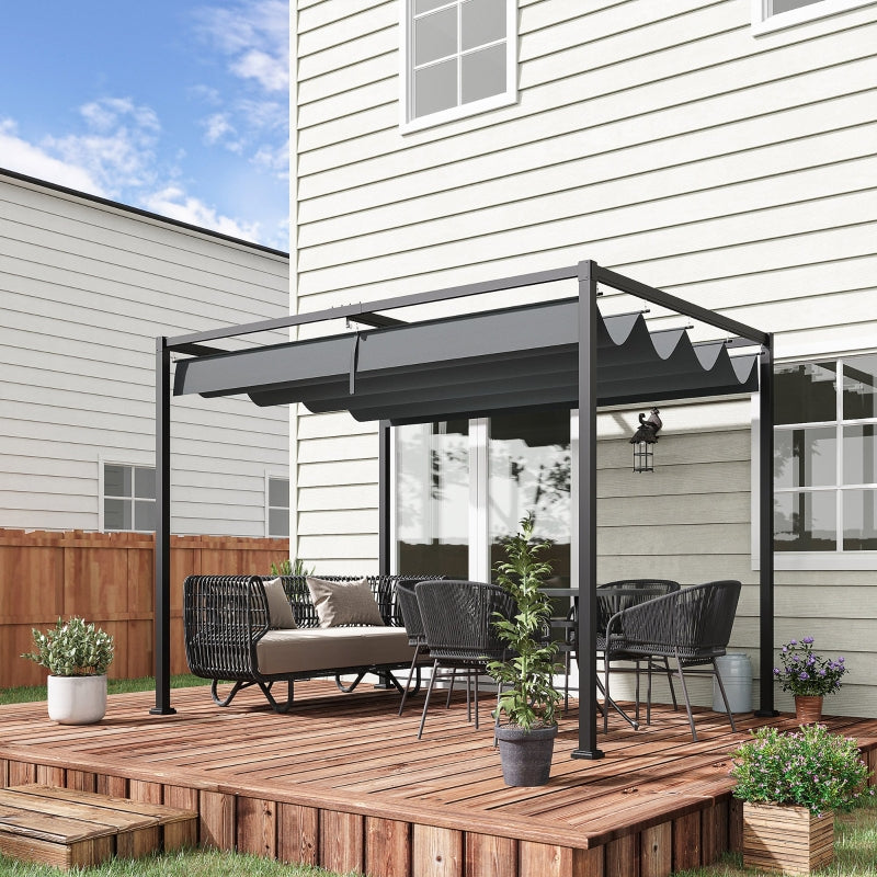 Outsunny 3 x 2 m Outdoor Pergola Gazebo Wall Mounted Retractable Canopy Garden Shelter Sun Shade Party with Metal Frame, Grey