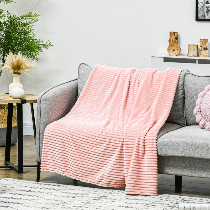 HOMCOM Flannel Fleece Throw Blanket, Fluffy Warm Throw Blanket, Striped Reversible Travel Bedspread, Single Size, 152 x 128cm, Pink