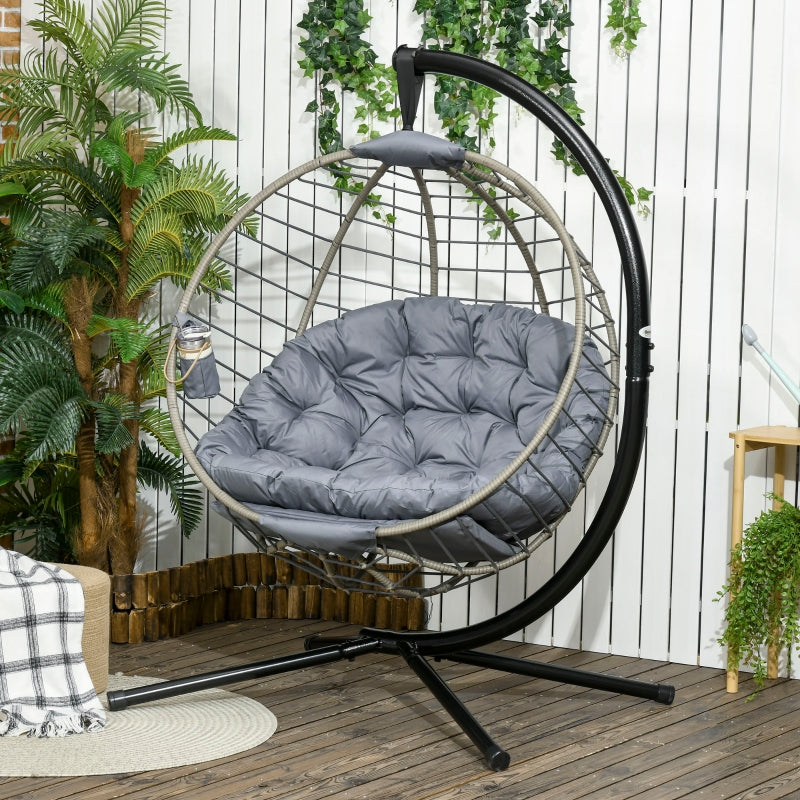 Outsunny PE Rattan Swing Chair, Outdoor Hanging Chair with Metal Stand, Thick Padded Cushion, Foldable Basket and Cup Holder, for Indoor Outdoor Grey