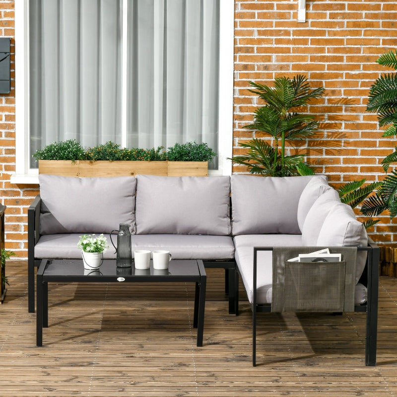 Outsunny 4 Piece Garden Furniture Set Metal Sofa Set w/ Tempered Glass Coffee Table, Conversational Corner Sofa Loveseat w/Padded Cushions Light Grey