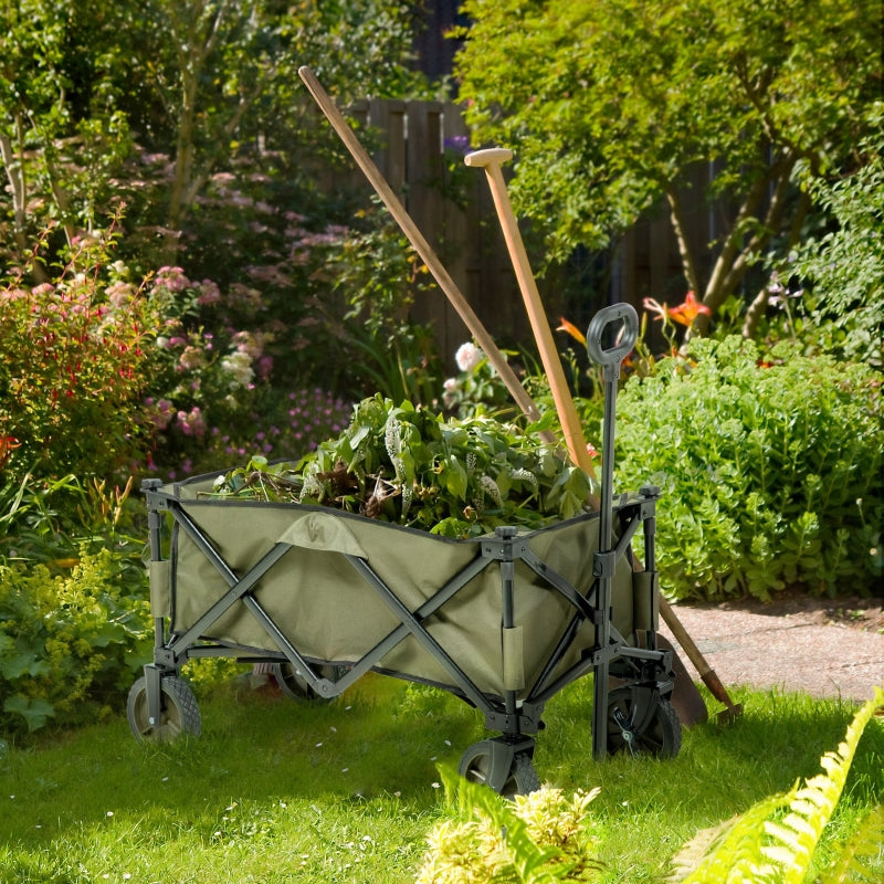 Outsunny Folding Garden Trolley on Wheels, Collapsible Camping Trolley with Folding Board, Outdoor Utility Wagon with Steel Frame Oxford Fabric Green