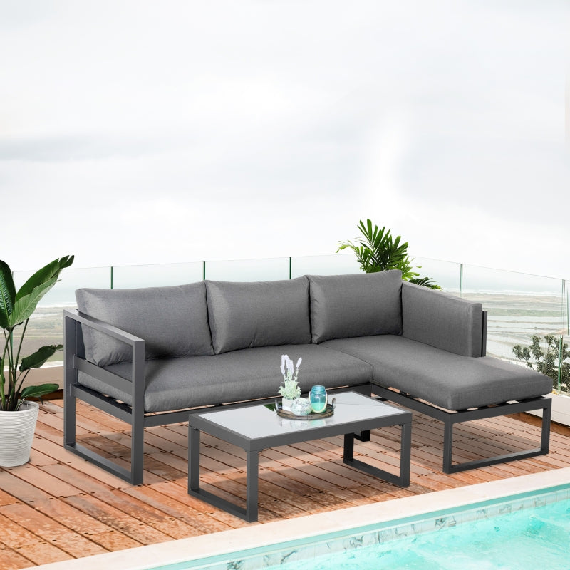 Outsunny 3-Seater L-shape Garden Corner Sofa Set with Padded Cushions, Outdoor Conversation Furniture Set with Glass Coffee Table, Grey