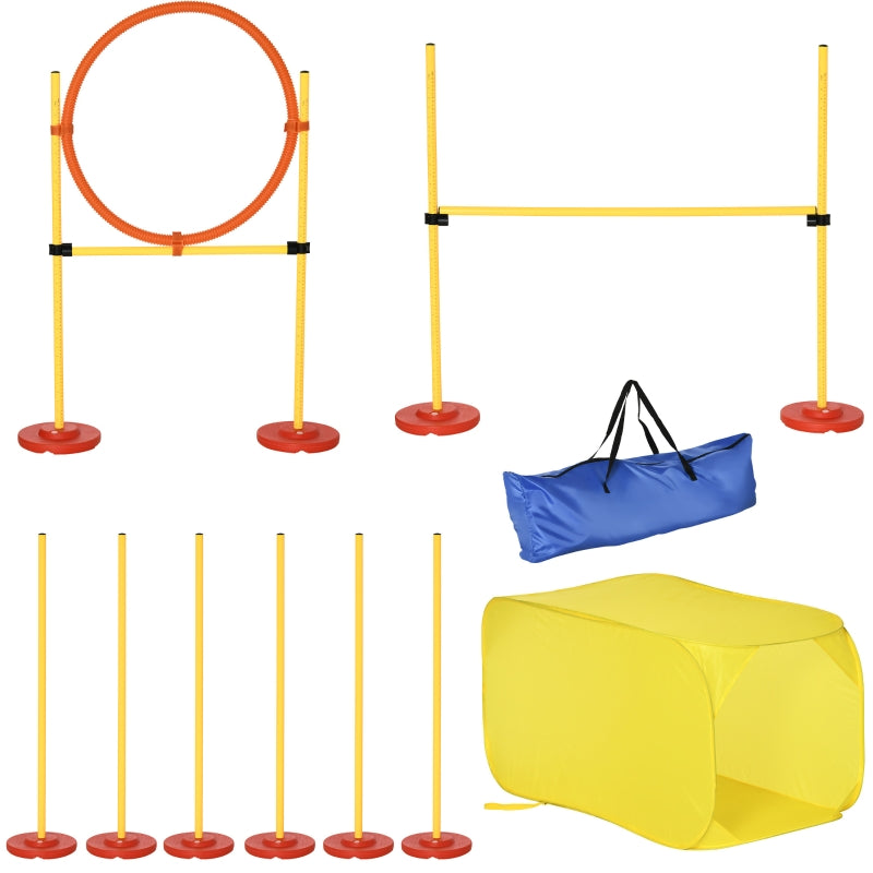 PawHut 4PCs Portable Pet Agility Training Obstacle Set for Dogs w/ Adjustable Weave Pole, Jumping Ring, Adjustable High Jump, Tunnel