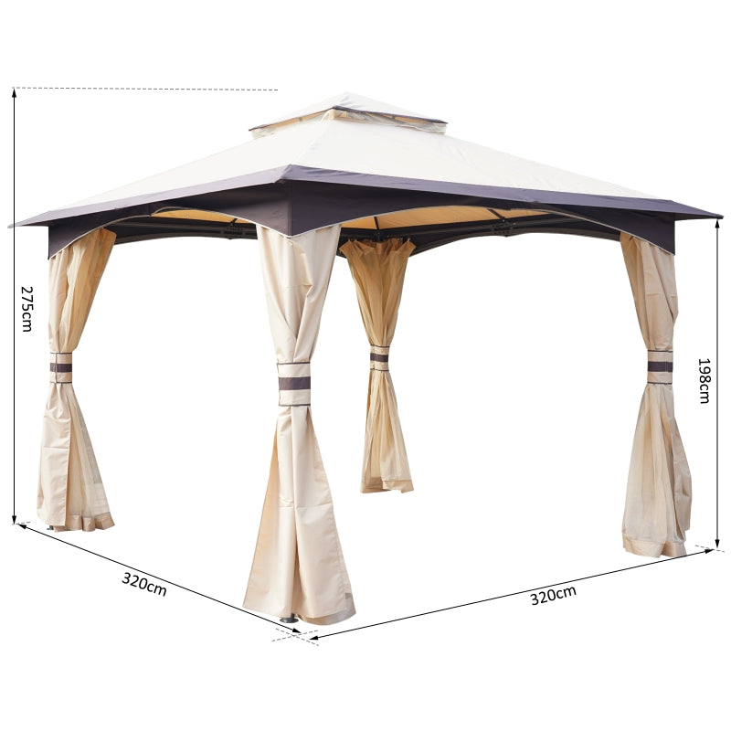 Outsunny 3.2m x 3.2m Vented Roof Steel Frame Gazebo Beige