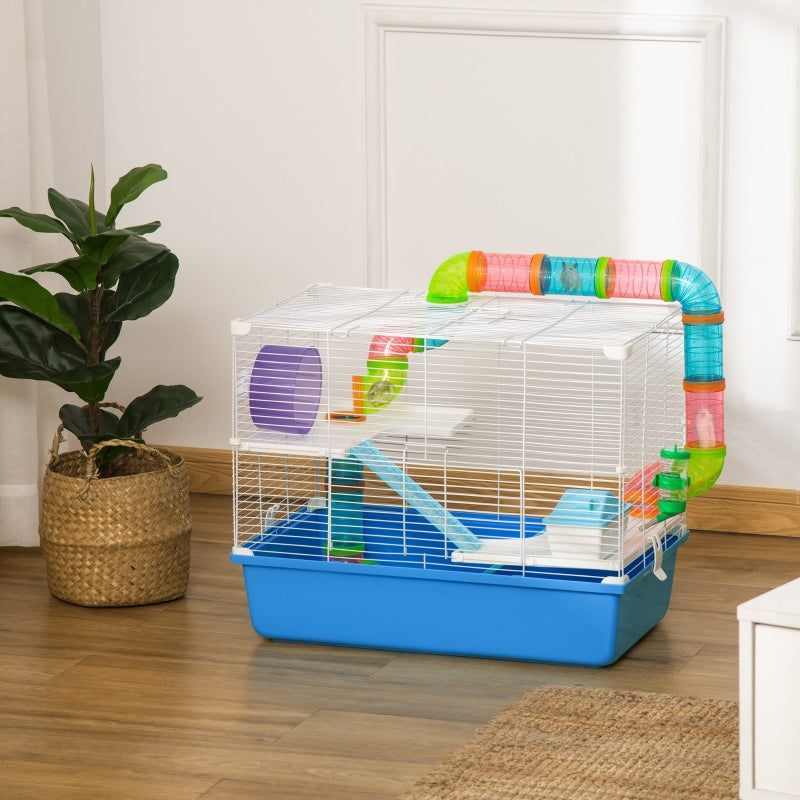 PawHut Large Hamster Cage, 3-Level Small Rodents House, with Tube Tunnel, Exercise Wheel, Water Bottle, Food Dish, Ramps, Hut, 59 x 36 x 47 cm, Blue