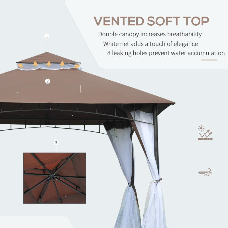 Outsunny 3 x 3 m Garden Metal Gazebo Square Outdoor Party Wedding Canopy Shelter w/Mesh, Brown