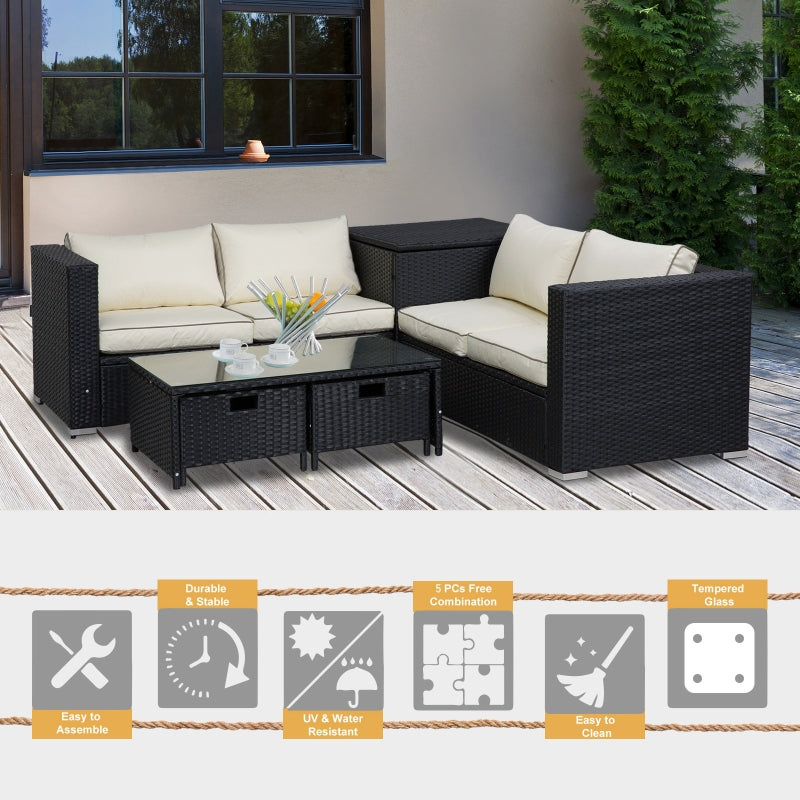 Outsunny 4-Seater Rattan Garden Furniture Patio Sofa Storage & Table Set w/ Coffee Table & Corner Sofa - Black