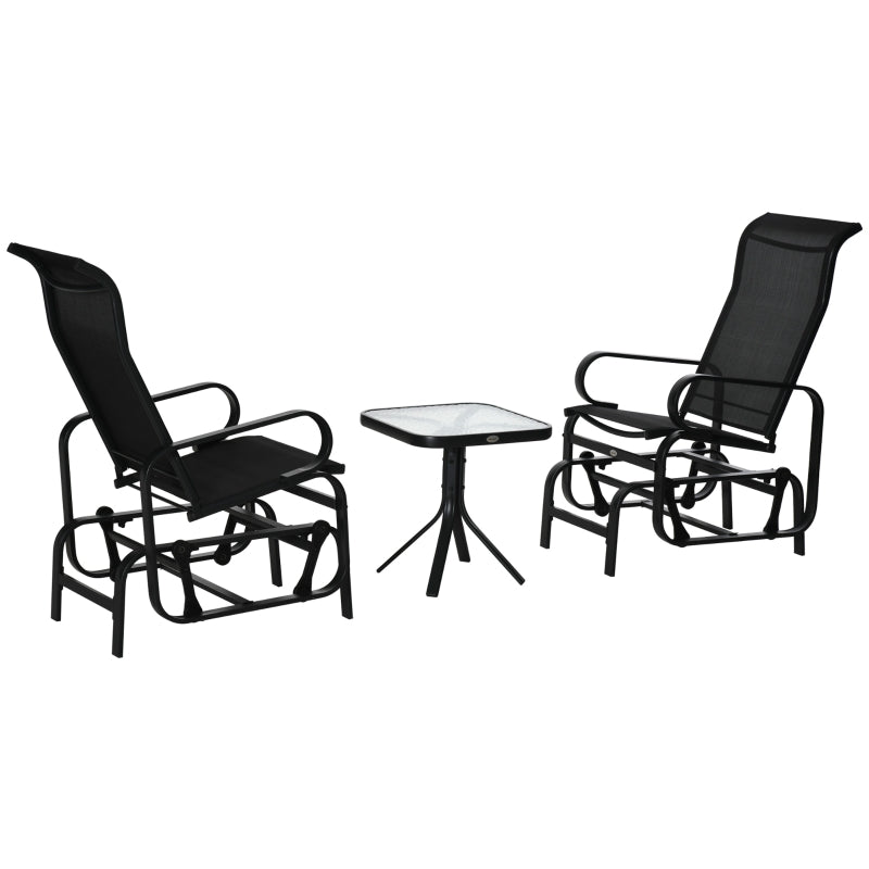 Outsunny 3 PCs Outdoor Gliding Rocking Chair With Tea Table Patio Garden Comfortable Swing Chair Black