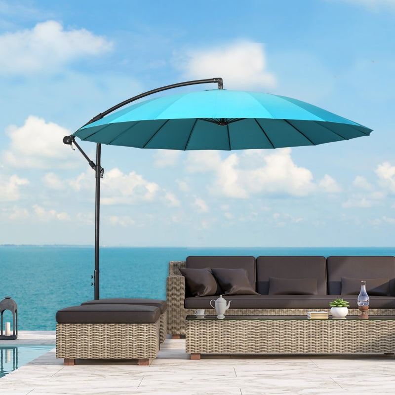 Outsunny 3(m) Cantilever Shanghai Parasol Garden Hanging Banana Sun Umbrella with Crank Handle, 18 Sturdy Ribs and Cross Base, Turquoise