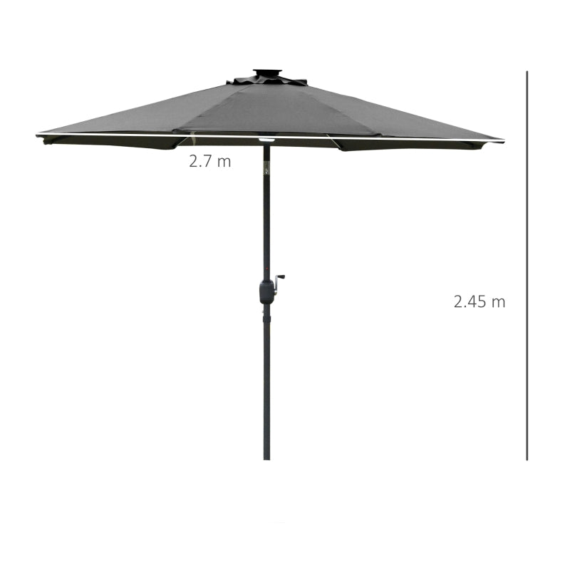 Outsunny 2.7m Garden Parasol Sun Umbrella Patio Summer Shelter w/ LED Solar Light, Angled Canopy Vent, Crank Tilt, Grey