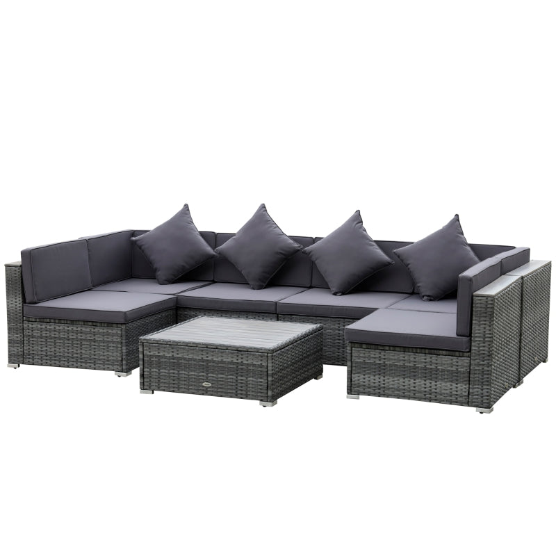 Outsunny 7 Pieces Patio Wicker Sofa Set, Outdoor PE Rattan Sectional Furniture Set w/ Acacia Table Top & Cushion for Garden, Backyard, Grey