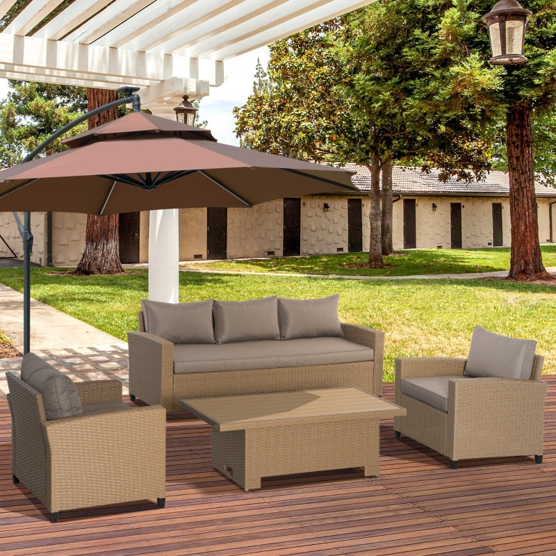 Outsunny 5-Seater Garden PE Rattan Sofa Set, Patio Wicker Aluminium Frame Conversation w/ Wood Grain Plastic Table, Khaki