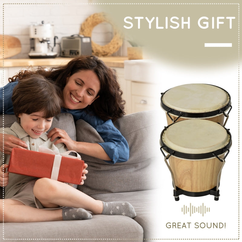 HOMCOM Wooden Bongo Drum Set w/ Sheepskin Drum Head, Percussion Instrument, Φ7.75" & Φ7" Drums, for Kids Adults, w/ Tuning Wrench