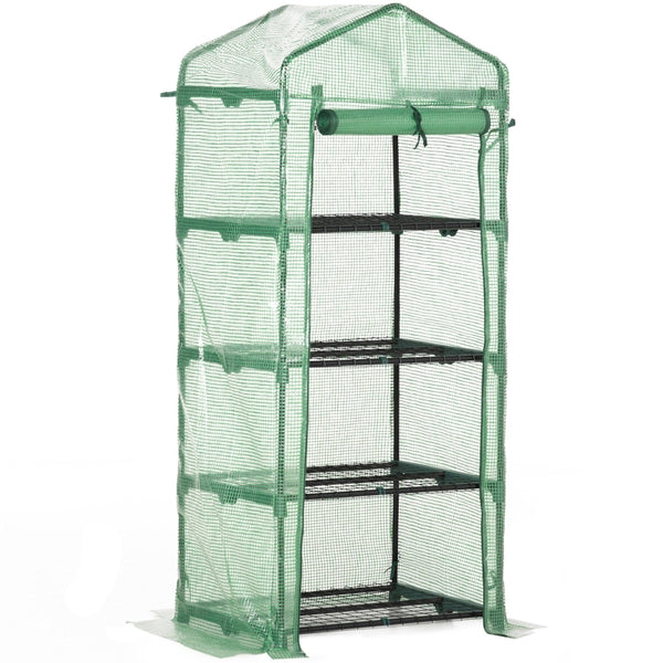 Outsunny 4 Tier Mini Greenhouse, Portable Green House with Steel Frame, PE Cover, Roll-up Door, 70 x 50 x 160 cm, Green