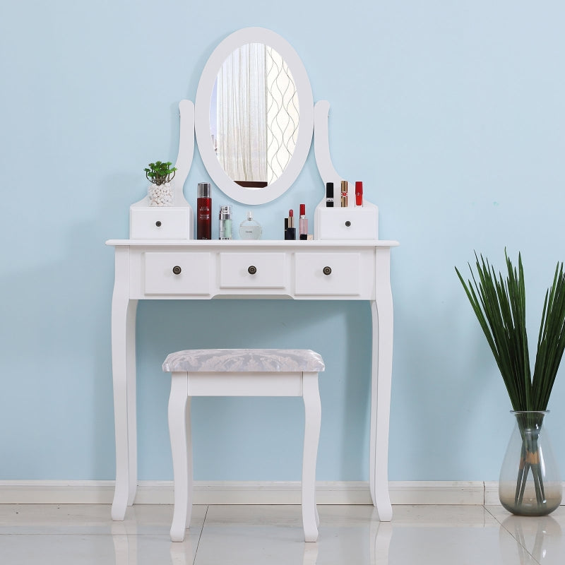 HOMCOM 5-Drawers Dressing Table Set W/ Mirror & Stool-White