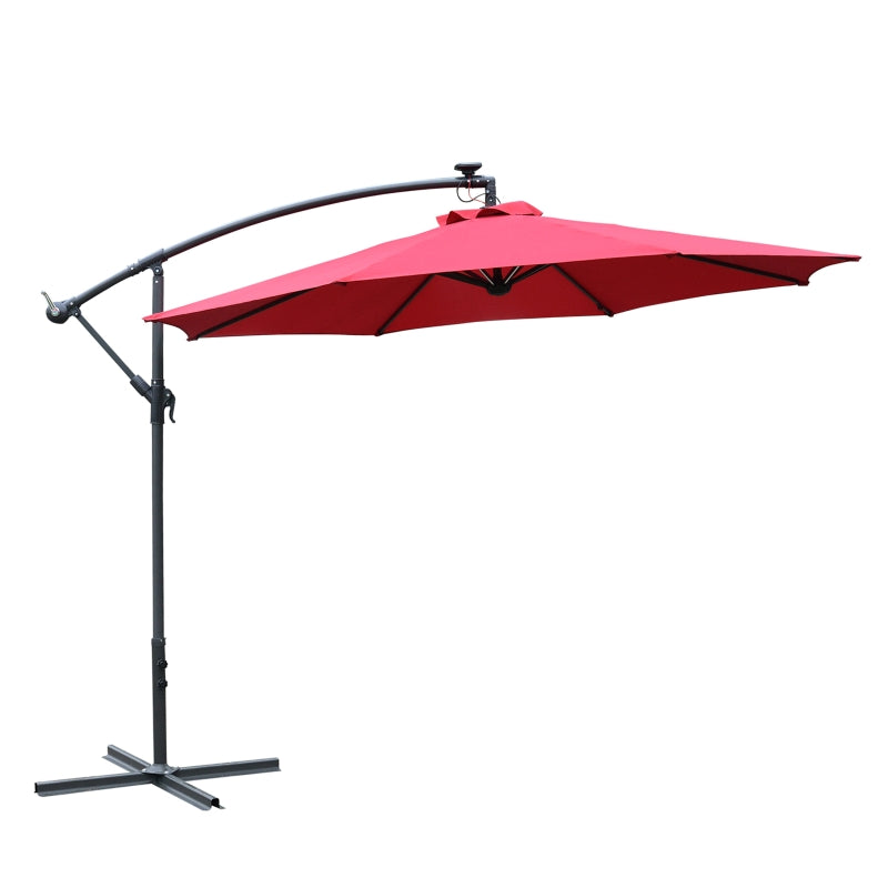 Outsunny 3m LED Patio Banana Umbrella Cantilever Parasol w/ Crank Cross Base Hanging Offset Umbrella Frame Steel  Aluminium Garden Table Outdoor Red