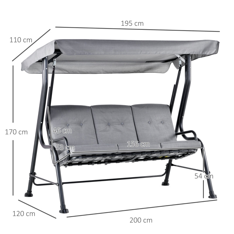 Outsunny 3 Seater Outdoor Garden Swing Chairs Thick Padded Seat Hammock Canopy Porch Patio Bench Bed - Grey