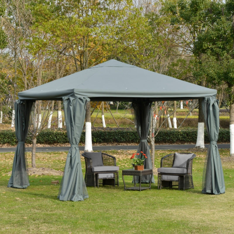 Outsunny 3(m) Garden Gazebo Canopy Party Tent Garden Pavilion Patio Shelter Aluminum Frame with Curtains, Netting Sidewalls, Grey