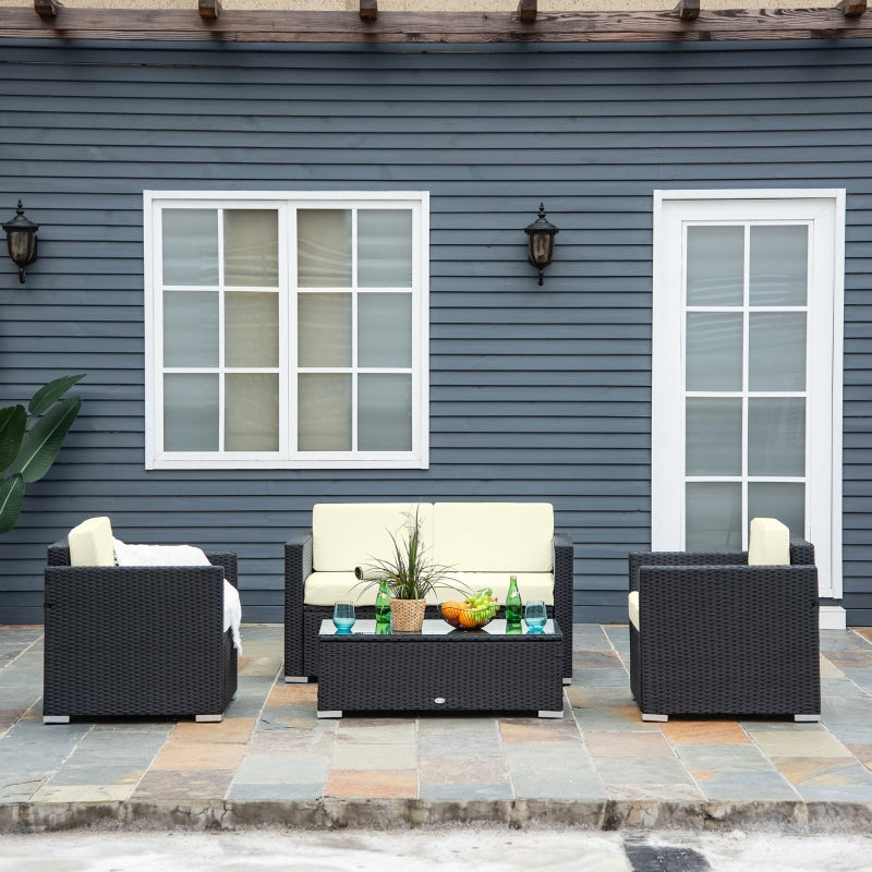 Outsunny 4-Seater Rattan Sofa Set Garden Rattan Furniture Wicker Steel Chair Seat Furniture Patio Rattan Garden Sofa Black