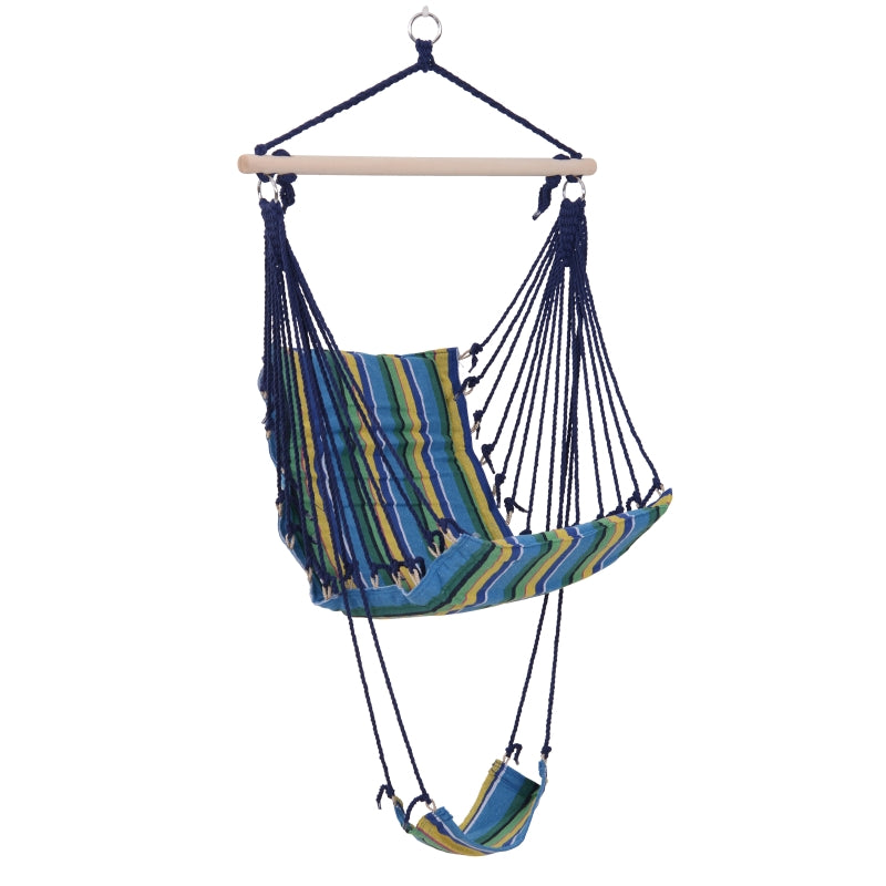 Outsunny Outdoor Hammock Hanging Rope Garden Yard Patio Swing Chair Seat Woodenwith Footrest Cotton Cloth Blue Stripe