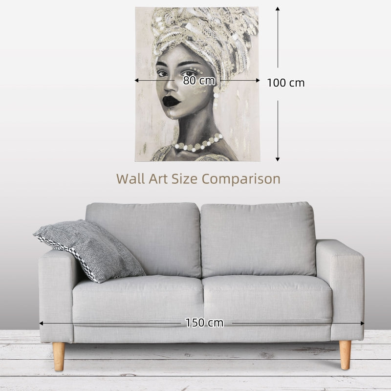 HOMCOM Hand-Painted Canvas Wall Art Gold African Woman, Wall Pictures for Living Room Bedroom Decor, 100 x 80 cm